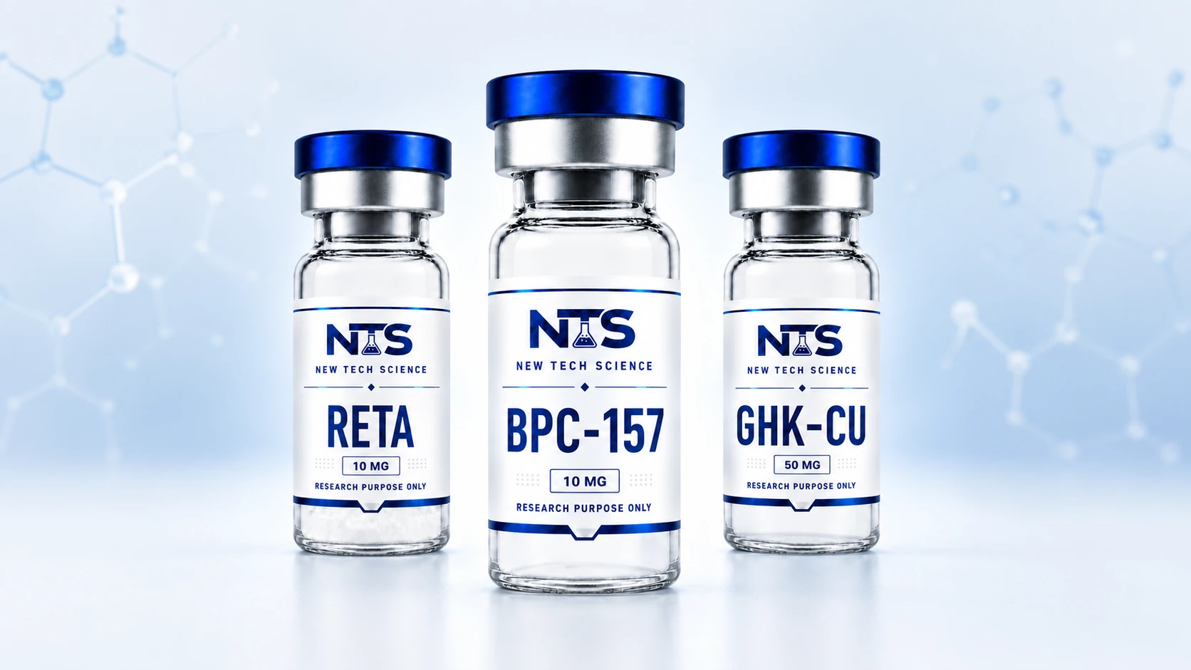 New Tech Science research peptide vials: RETA 10 mg, BPC-157 10 mg, and GHK-CU 50 mg